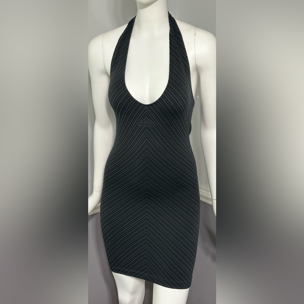 iets frans Mini Halter V Neck Bodycon Dress Black Line Design Logo Size M